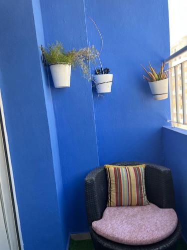 阿加迪尔Cozzy housse的蓝墙,带椅子和盆栽植物