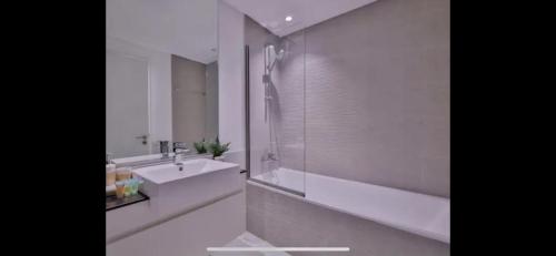都柏林Modern Dublin City Centre的白色的浴室设有水槽、浴缸和淋浴。