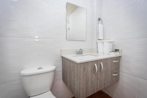 下博克特El Oasis Hotel y Restaurante的一间带卫生间、水槽和镜子的浴室