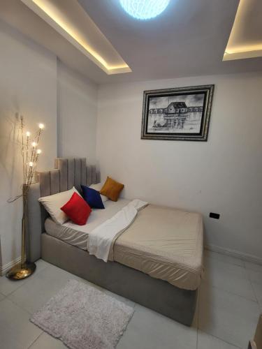 拉各斯Ikoyi/Banana Studio Room的白色卧室配有带色彩缤纷枕头的床