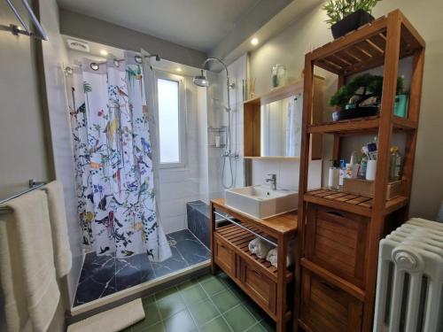 塞纳河畔埃皮奈location chambre chez l'habitant的浴室配有淋浴帘和盥洗盆。