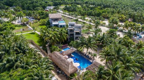 科苏梅尔Maia Suites Cozumel的享有度假村的空中景致,设有游泳池和棕榈树