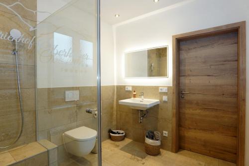 斯陶达奇格达赫Ferienhof Oberhuber的浴室配有卫生间、盥洗盆和淋浴。