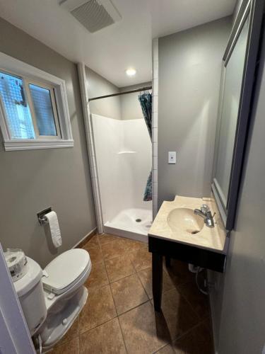 GreenfieldTravel Inn的浴室配有卫生间、盥洗盆和淋浴。