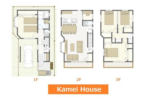 东京Kamei House的一套卡玛尔房屋的图案和一套地板图