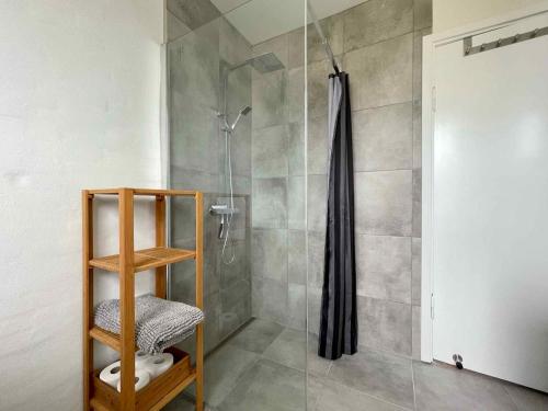 斯泰厄Charmerende Lejlighed I Stege Midtby的带淋浴的浴室和玻璃门