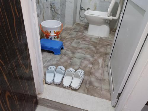 乌代浦Hotel Balaji Residency的一间带卫生间和一双拖鞋的浴室