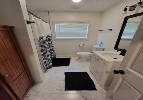 纽约Cozy One Bedroom Apartment At UWS的一间带水槽、卫生间和镜子的浴室