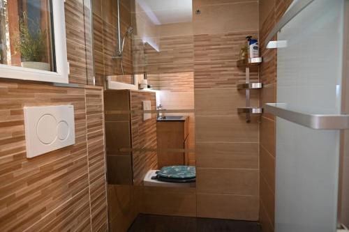 弗雷瑞斯Petit chalet avec terrasse proche plage的浴室设有木墙和玻璃淋浴间。
