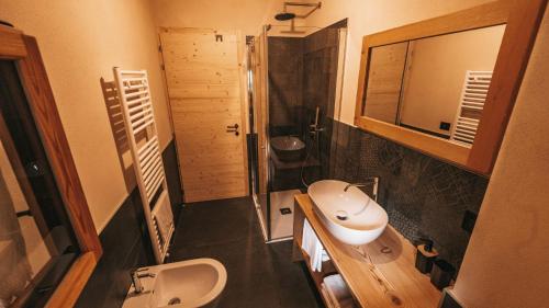 平佐洛B&B Maso Ghirola的一间带水槽、卫生间和镜子的浴室