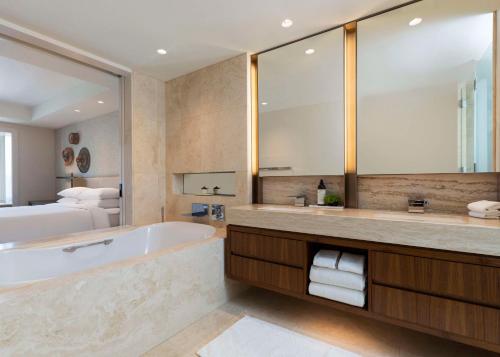 芝加哥芝加哥柏悦酒店的带浴缸、床和镜子的浴室