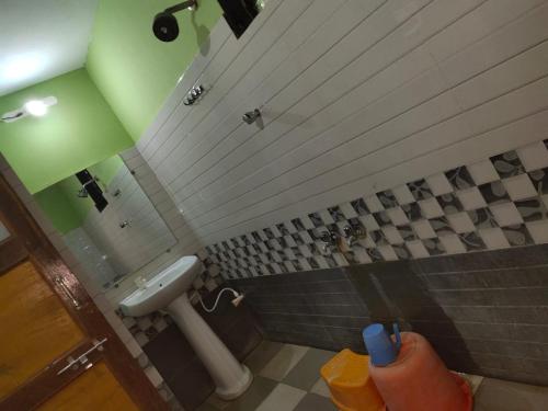 BhogweVamoose Manali Beach Resort的浴室设有小便室和绿色橱柜