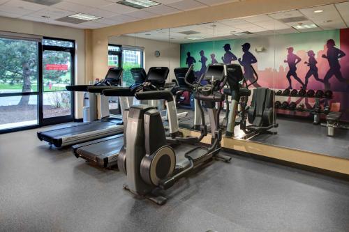 俄克拉何马城俄克拉荷马城机场凯悦酒店的健身房设有心肺功能锻炼器材和壁画