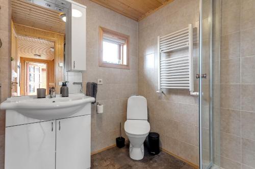 ÚthlidSummer House with Stunning Mountain Views的浴室配有卫生间、盥洗盆和淋浴。