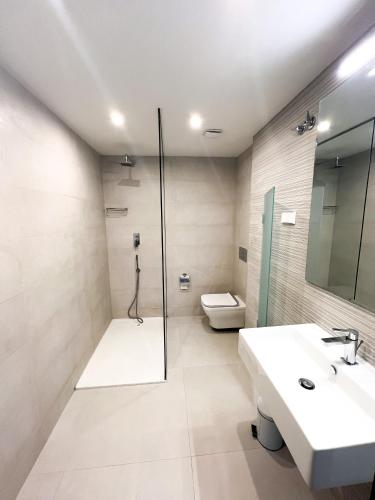 伊维萨镇Botafoch Luxury Room的一间带水槽、淋浴和卫生间的浴室