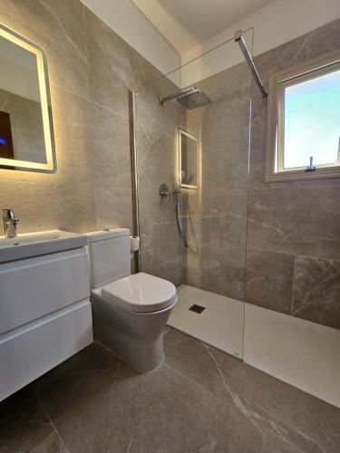 珊瑚湾Villa Felix的浴室配有卫生间、盥洗盆和淋浴。