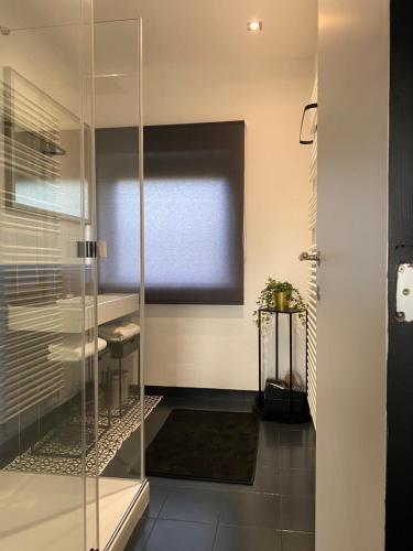 La BruyèreLa Suite Cosy - Votre Pause Arborée的浴室设有玻璃淋浴间和窗户