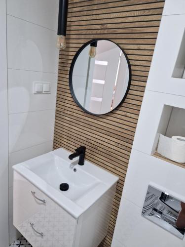 格鲁德柴兹Apartament Staromiejski Rapackiego 45的浴室设有白色水槽和镜子
