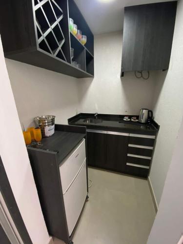 圣贝纳迪诺Hab. Penthouse y Terraza Privada Tango的一间小厨房,配有黑色橱柜和水槽