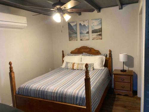 西斯科Lobo Lake Cabin的一间卧室配有一张床和吊扇