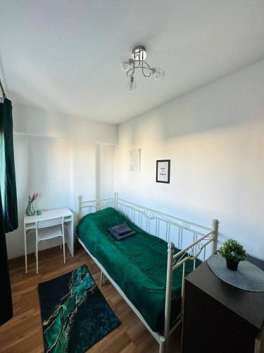 华沙City View Rooms的一间卧室配有一张带绿毯的床