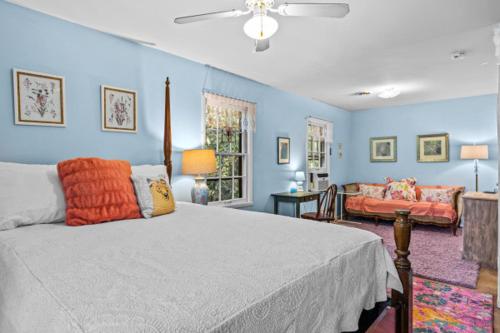 阿森斯Artsy Athens Oasis with spacious living area的蓝色的卧室配有床和沙发