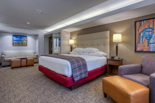 费尔维尤海茨特鲁里街圣路易斯 - 锦绣花园套房旅馆的大型酒店客房,配有一张床和两把椅子