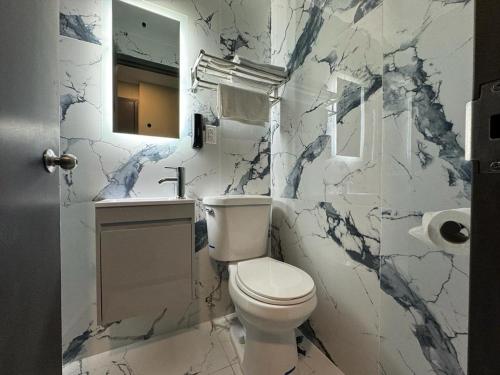 布鲁克林Moon Hotel Brooklyn的白色的浴室设有卫生间和水槽。