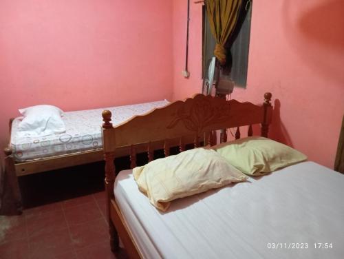 里瓦斯Hostal Maria的粉红色墙壁客房中的两张单人床