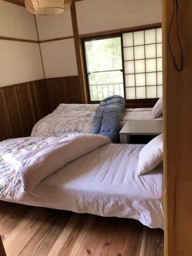 安昙野市陽なた山荘的一间卧室设有两张床和窗户。