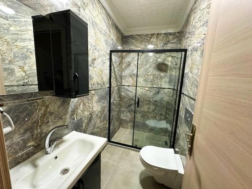 伊斯坦布尔Sisli House By Remar Holding的带淋浴、盥洗盆和卫生间的浴室