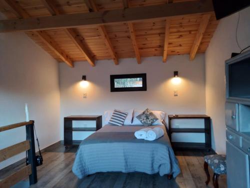 佩休尼亚镇SUOMI的一间卧室配有一张床,上面有两条毛巾