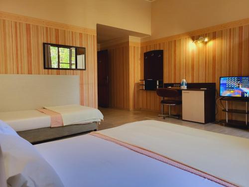 鲁塞Roger's Hotel的酒店客房设有两张床和一台平面电视。