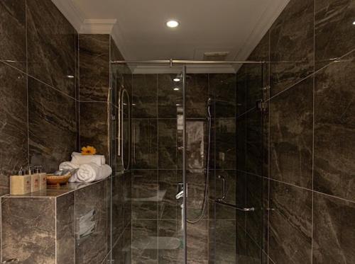 会安Simon House Hoi An的带淋浴的浴室和玻璃门