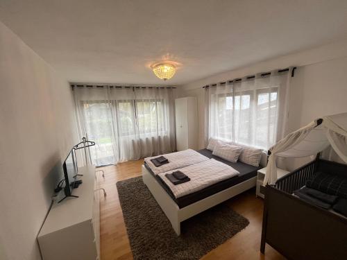 辛斯海姆Stilvolles Apartment nahe Therme und PreZero Arena的一间卧室配有一张床和一台电视