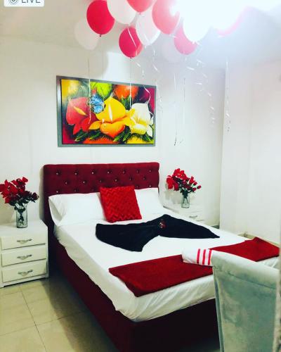 巴兰基亚Hostal De la 8的一间卧室配有一张带红色枕头和气球的床。