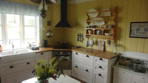 斯托克马克内斯Bårdstua的厨房设有黄色的墙壁、白色的橱柜和水槽