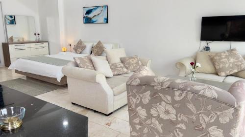 苏尔Wadi Shab Beach Villa的客厅配有床和沙发