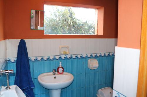 奥科苏尤MOON NIGHT Amantani Lodge的蓝色和白色的浴室设有水槽和窗户