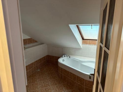 塔博尔Pension 325的带浴缸的浴室和窗户。