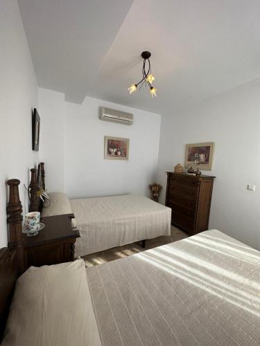 蒙地卡罗Casa Flores的一间卧室配有两张床和吊扇