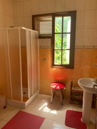 PaulWahnon Guesthouse的带淋浴和红色凳子的浴室