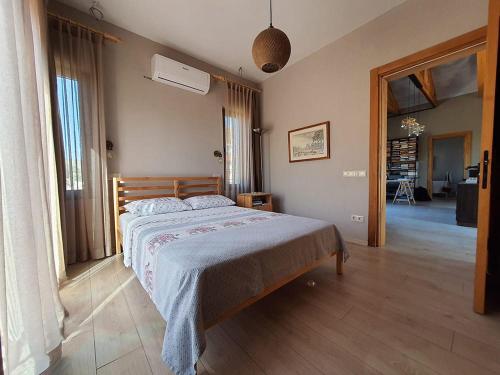 米拉斯Bodrum villa的一间卧室配有一张带蓝色棉被的床