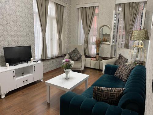 伊斯坦布尔Es Moda的客厅配有蓝色的沙发和电视