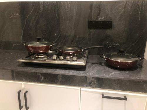 高尔Luvi’s Villa的厨房里两个炉灶上的煎锅