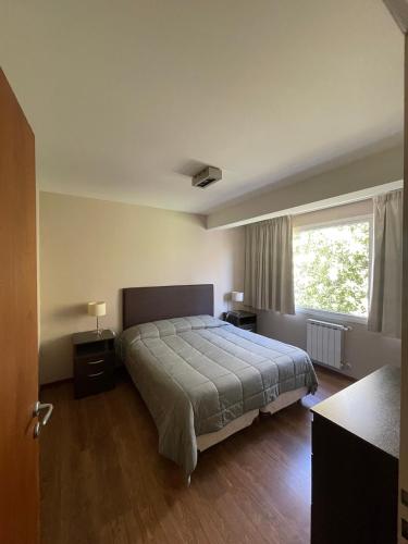 圣卡洛斯-德巴里洛切Apartamento Céntrico, ideal p/ pareja de viajeros的一间卧室设有一张床和一个大窗户