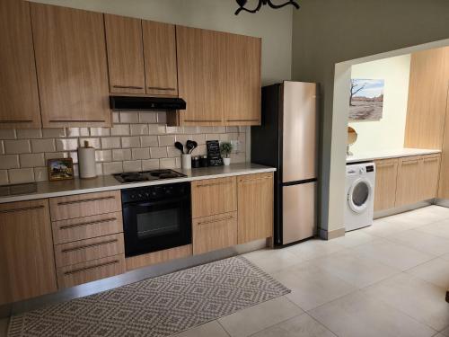 温特和克Eros Weg Family Flat的厨房配有木制橱柜和冰箱。