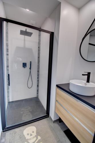 圣埃尔布兰Grande chambre couple possible avec sanitaire complet privatif moderne proche Zénith-Atlantis的带淋浴和盥洗盆的浴室