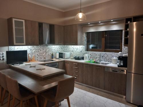 SkinésGiannis Villa的厨房配有木制橱柜、桌子和冰箱。