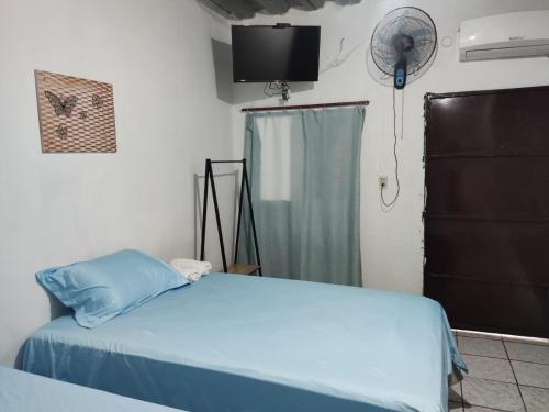 拉乌尼翁Hostal Santa Marta的一间卧室配有一张床和风扇